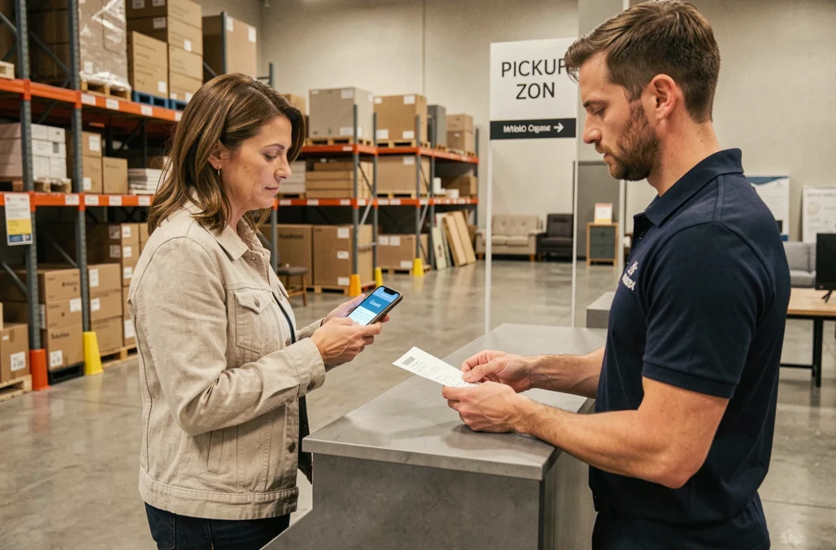 Femme récupérant une commande au comptoir de retrait marchandises Alinea avec confirmation sur smartphone