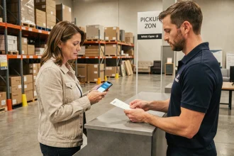 Femme récupérant une commande au comptoir de retrait marchandises Alinea avec confirmation sur smartphone