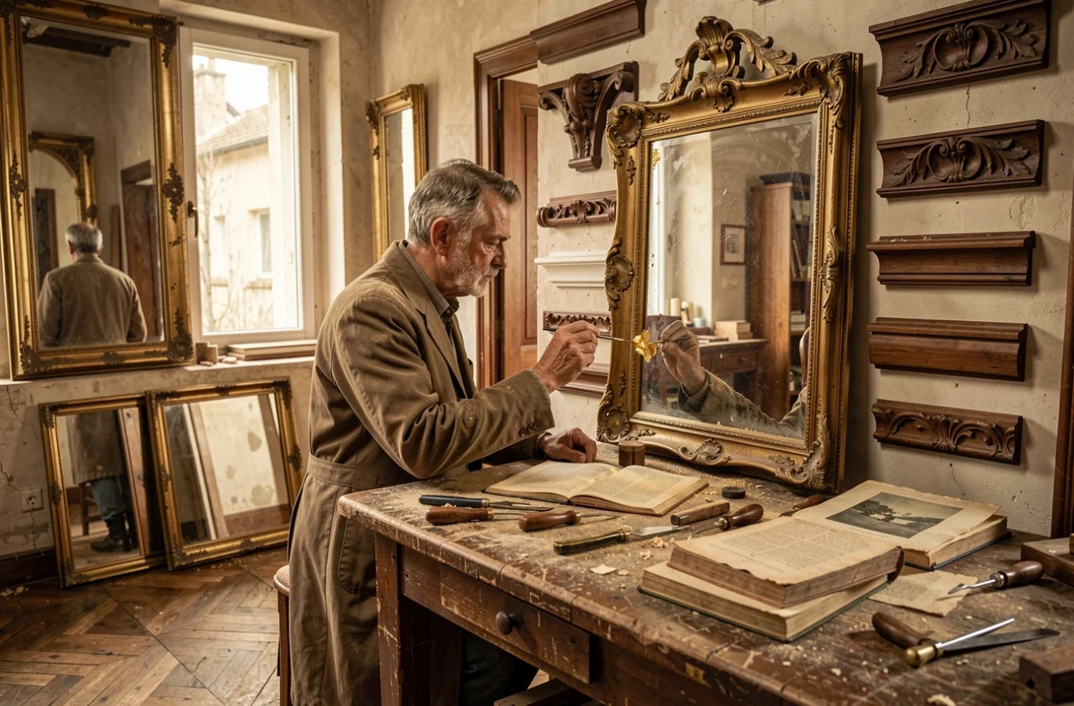 Atelier Ridel Jacques avec artisan appliquant de la feuille d'or sur un cadre ancien dans un atelier de restauration traditionnelle