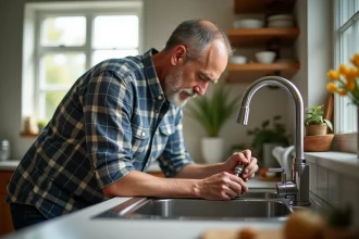Homme d'âge moyen vérifiant le robinet de cuisine