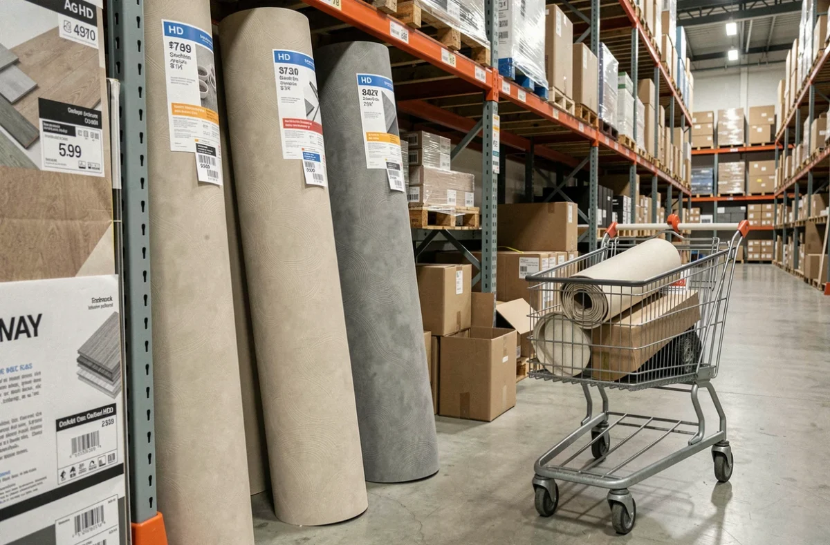 Rouleaux de sol PVC en magasin de bricolage avec étiquettes de prix pour achat en ligne ou en rayon