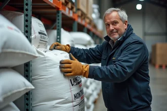 Homme empilant des sacs de pellets de bois Leclerc dans un entrepôt de grande surface en France