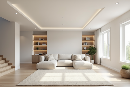 Sous-sol moderne et lumineux avec espace détente accueillant