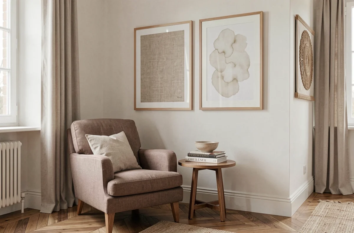 Salon élégant avec cadres muraux en papier beige et blanc cassé dans une décoration française raffinée