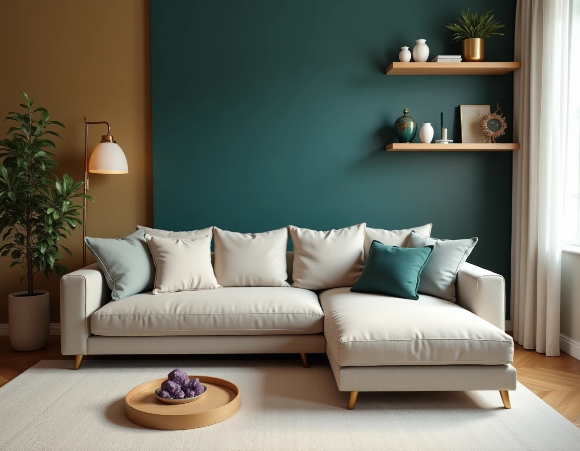 Salon moderne avec zonage Feng Shui, panneau teal, étagères dorées, arbre à monnaie et cristaux d'améthyste dans le coin prospérité