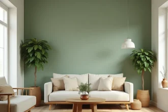 Salon aménagé selon les principes du Feng Shui avec palette de couleurs terre et vert sauge, canapé en lin et table basse en bois arrondie