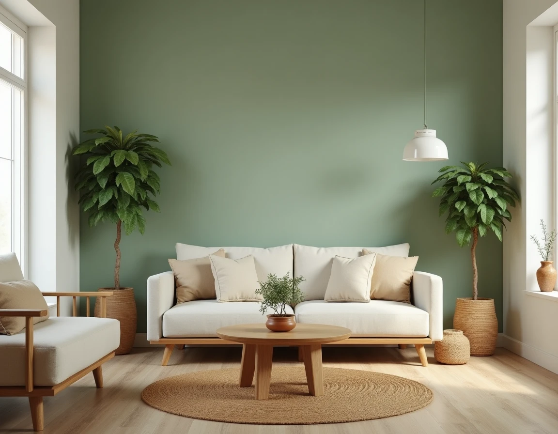 Salon aménagé selon les principes du Feng Shui avec palette de couleurs terre et vert sauge, canapé en lin et table basse en bois arrondie