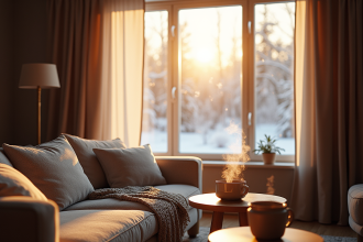 Salon moderne en hiver avec rideaux occultants et tasse chaude