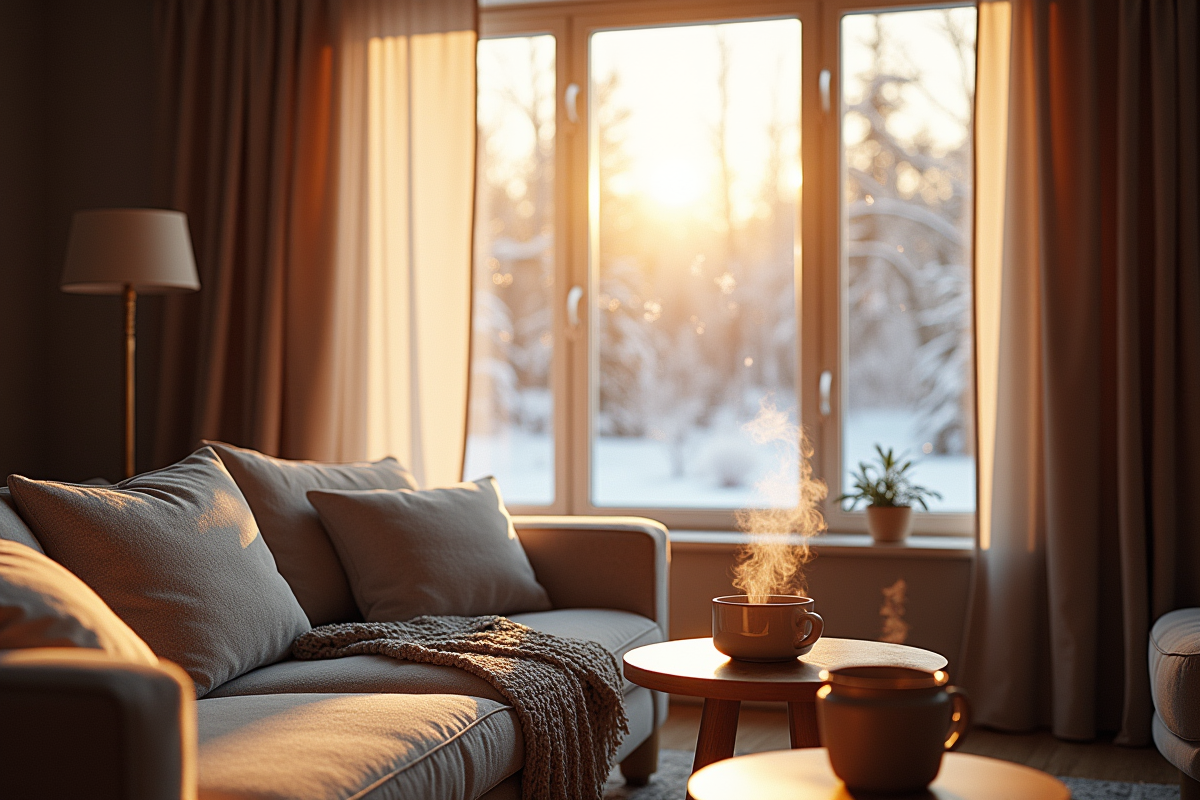 Salon moderne en hiver avec rideaux occultants et tasse chaude