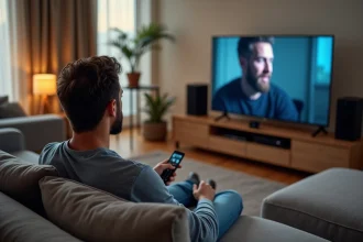 Homme regardant la télévision avec système audio complet