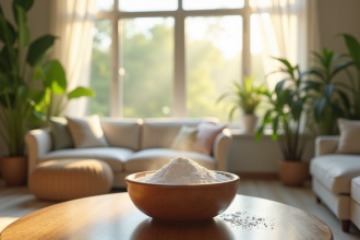 Salon lumineux avec plantes vertes et bicarbonate de soude