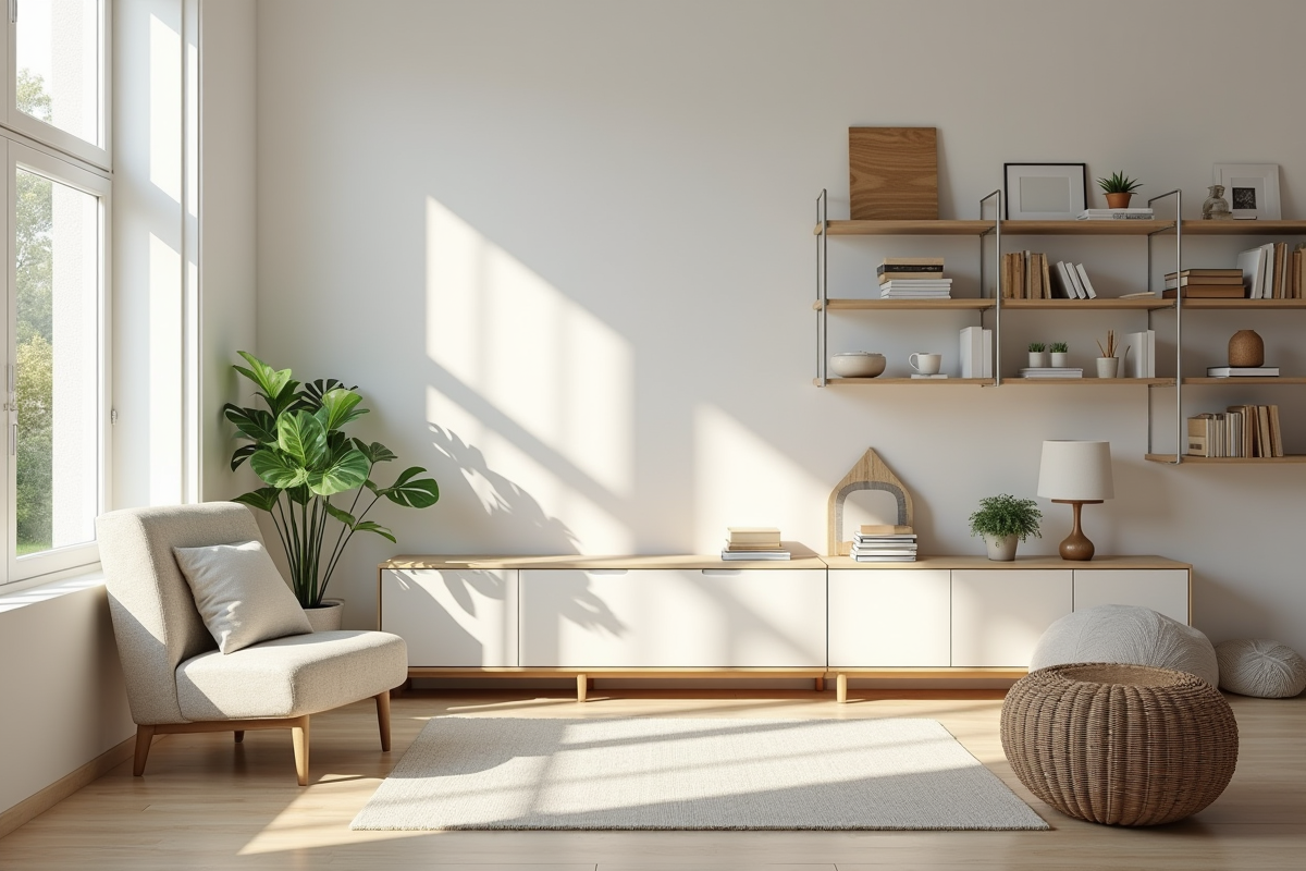 Salon lumineux et organisé avec décoration minimaliste