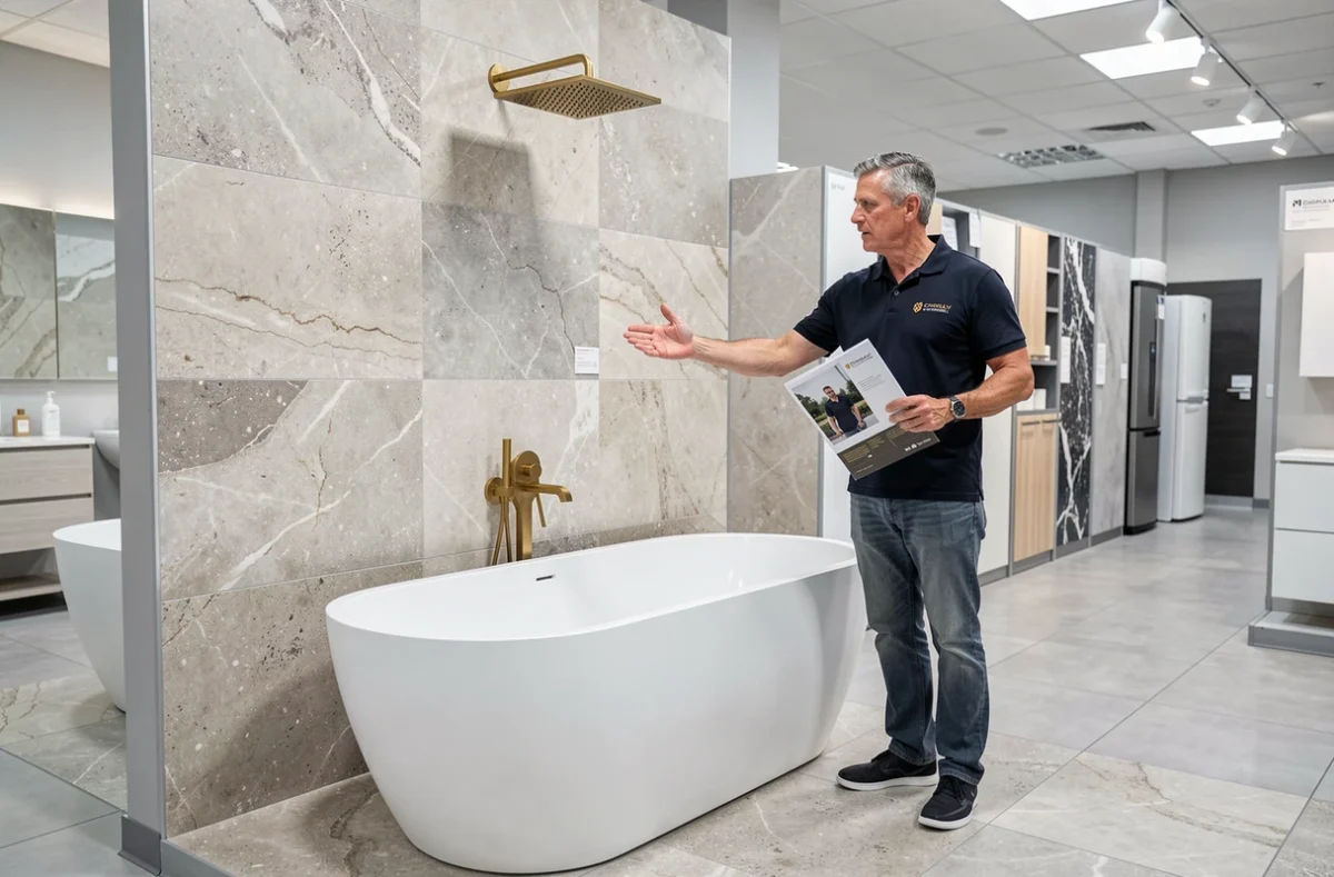 Showroom Sani Confort Theomax avec baignoire îlot, douche à effet pluie et conseiller présentant un aménagement salle de bain