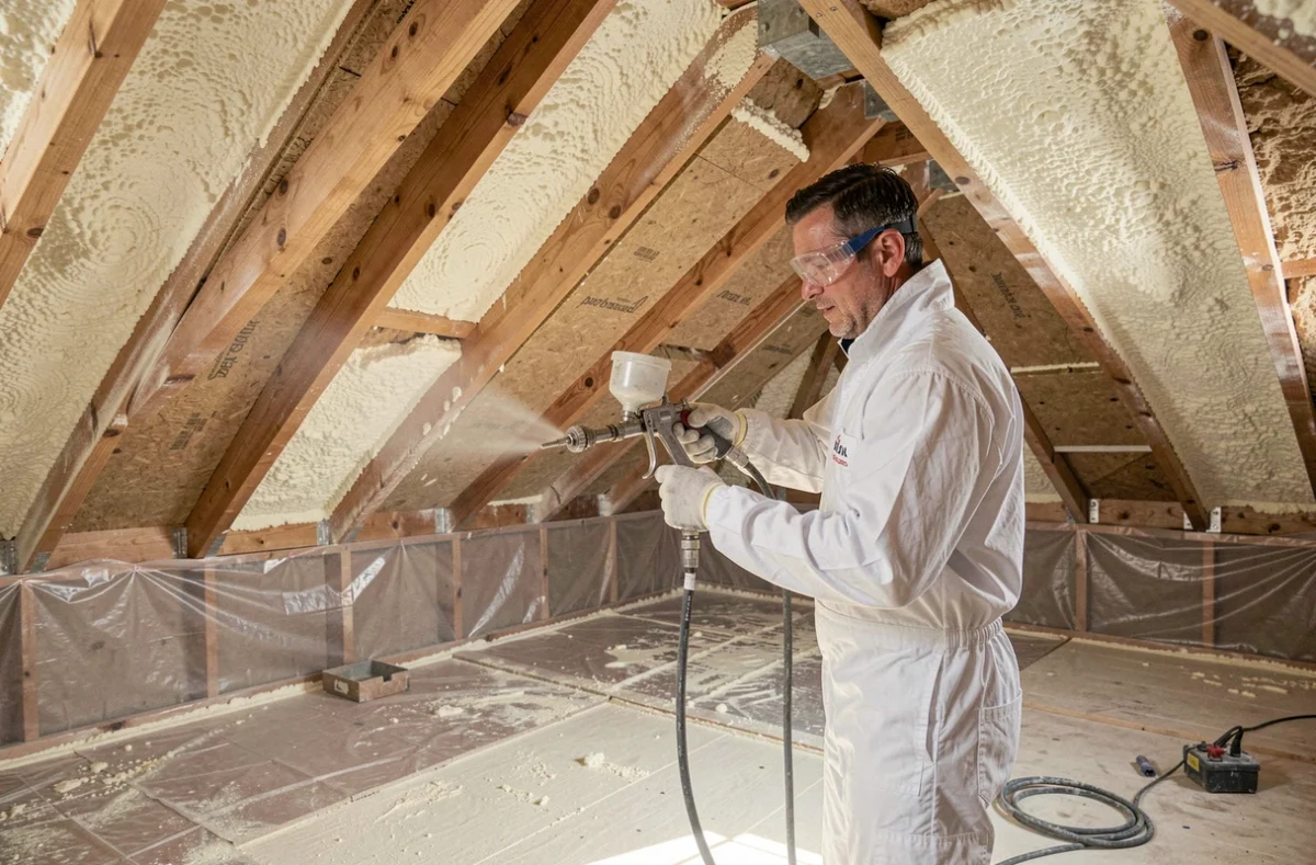 Technicien de Sarl Procopio Isolation appliquant de l'isolation thermique en mousse dans les combles d'une habitation normande