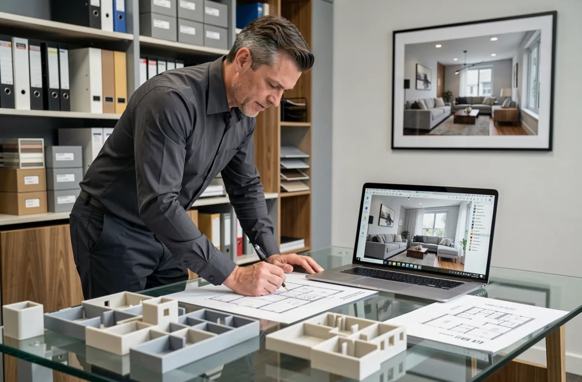 Bureau de SASU JV Concept avec maquettes architecturales, plans et designer étudiant des propositions d'aménagement