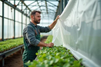 Homme en salopette dans serre en train de fixer une grande bâche