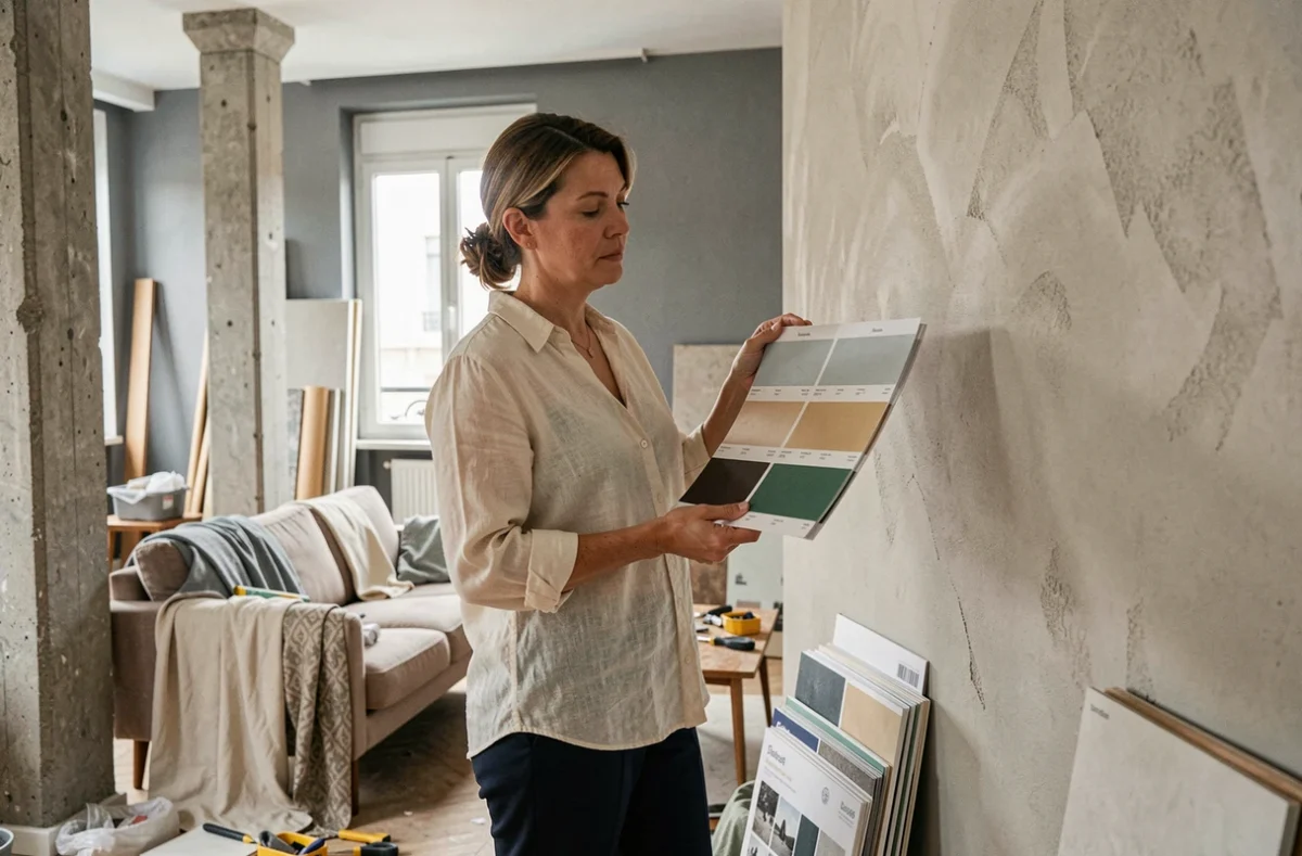 Femme comparant des nuanciers de peinture dans un appartement en cours de rénovation intérieure