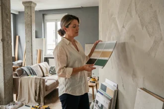 Femme comparant des nuanciers de peinture dans un appartement en cours de rénovation intérieure