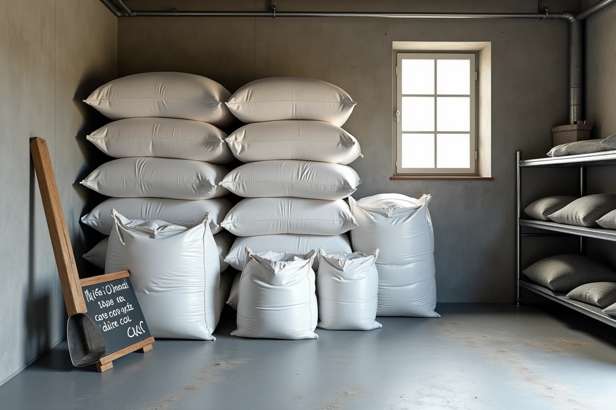 Stocks de sacs de granulés de bois empilés dans un garage avec une note de prix indiquant des économies de chauffage