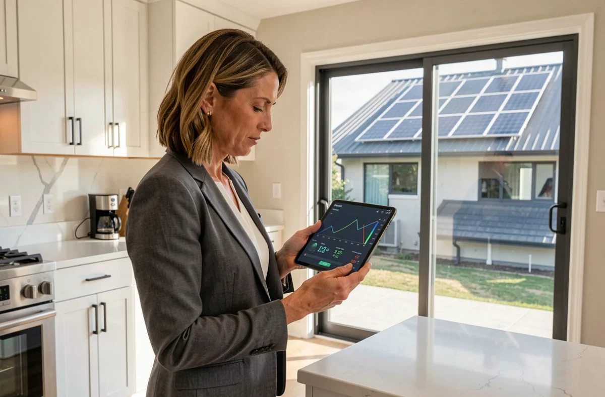 Propriétaire consultant le suivi de production de son kit solaire 6000W en autoconsommation sur une tablette dans sa cuisine
