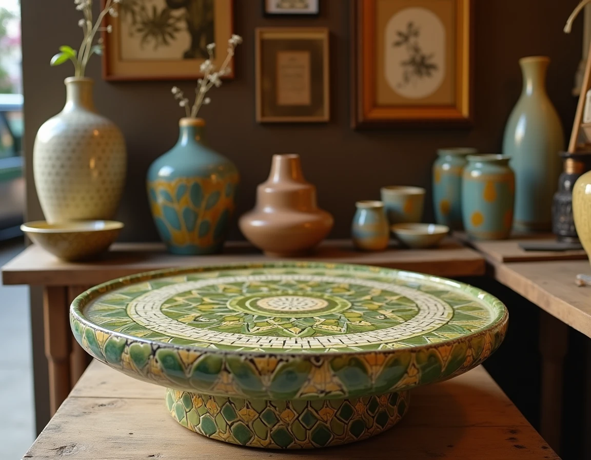 Table basse Capron vintage exposée dans un marché aux antiquités avec étiquette de prix artisanale