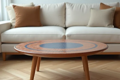 Table basse style Capron avec plateau en céramique mosaïque dans un salon scandinave au parquet clair