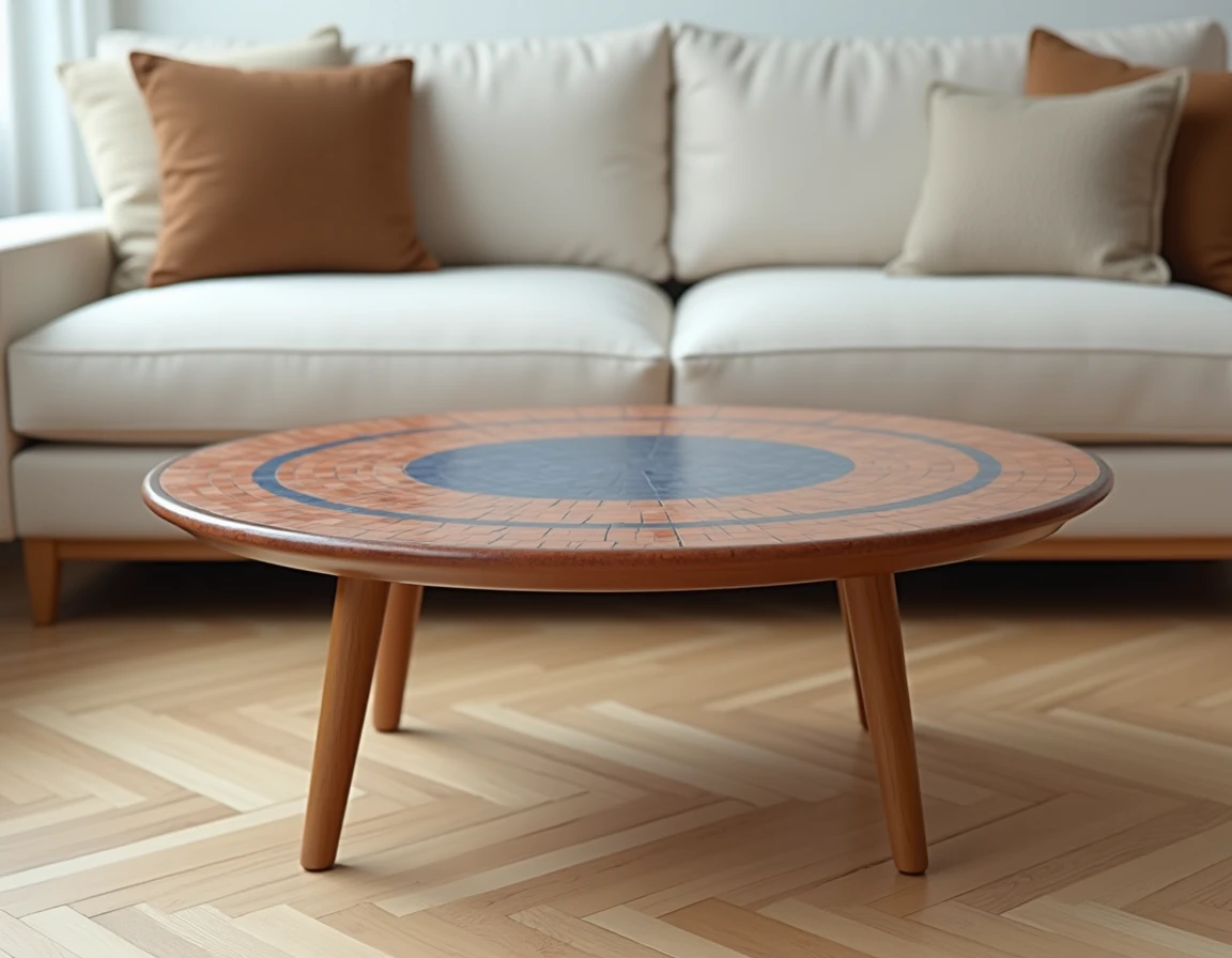 Table basse style Capron avec plateau en céramique mosaïque dans un salon scandinave au parquet clair