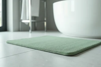 Tapis de salle de bains antidérapant vert sauge posé devant une baignoire blanche sur carrelage gris clair