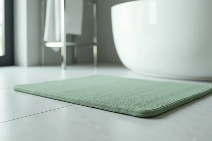 Tapis de salle de bains antidérapant vert sauge posé devant une baignoire blanche sur carrelage gris clair