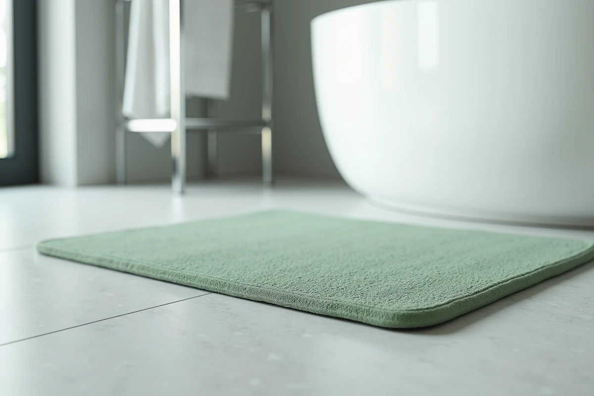 Tapis de salle de bains antidérapant vert sauge posé devant une baignoire blanche sur carrelage gris clair