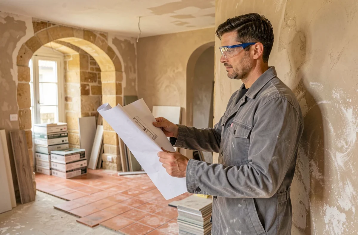 Spécialiste en rénovation intérieure examinant des plans dans un chantier de rénovation à Senlis