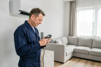 Technicien inspectant une unité de climatisation split murale dans un salon moderne