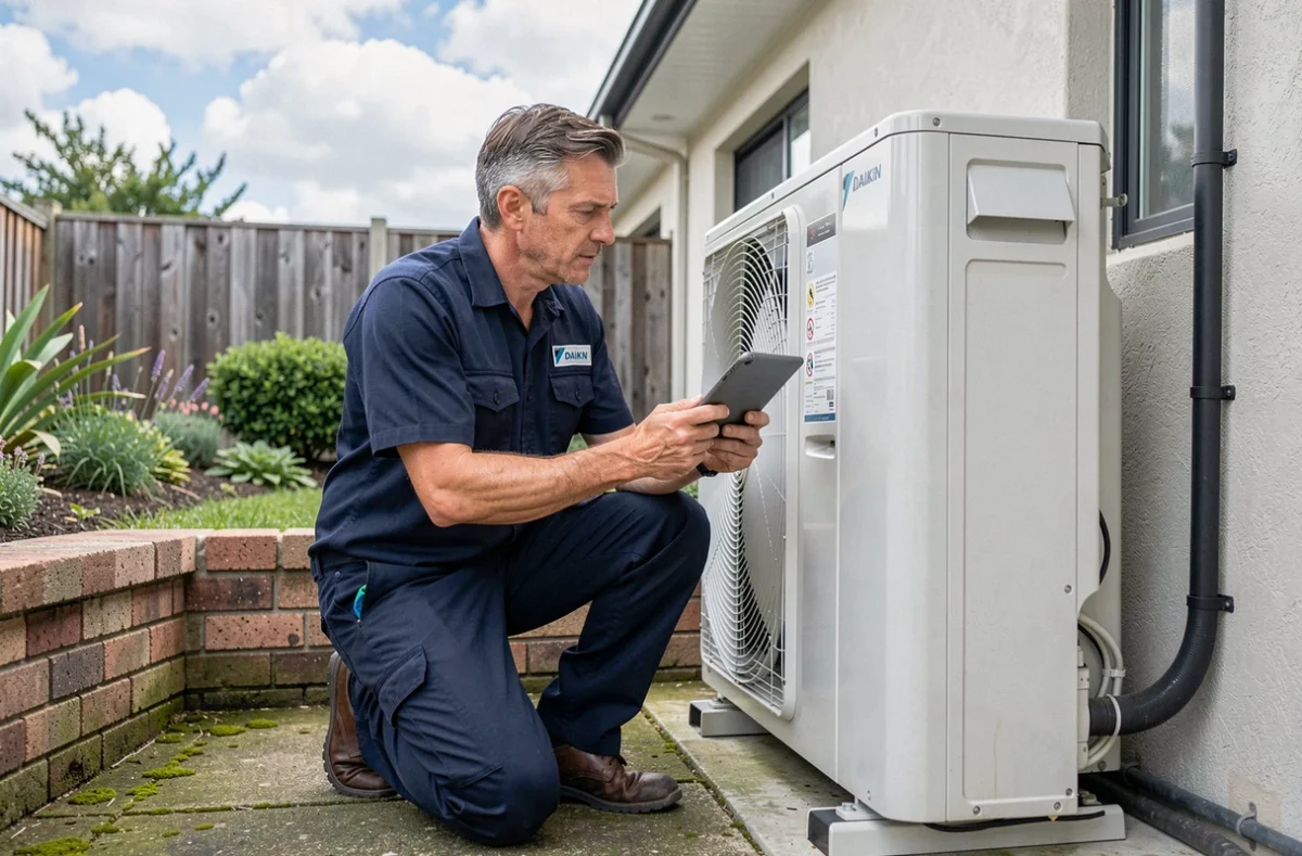 Technicien en uniforme inspectant une pompe à chaleur Daikin extérieure lors d'une intervention d'entretien