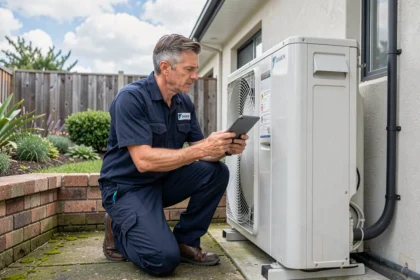 Technicien en uniforme inspectant une pompe à chaleur Daikin extérieure lors d'une intervention d'entretien