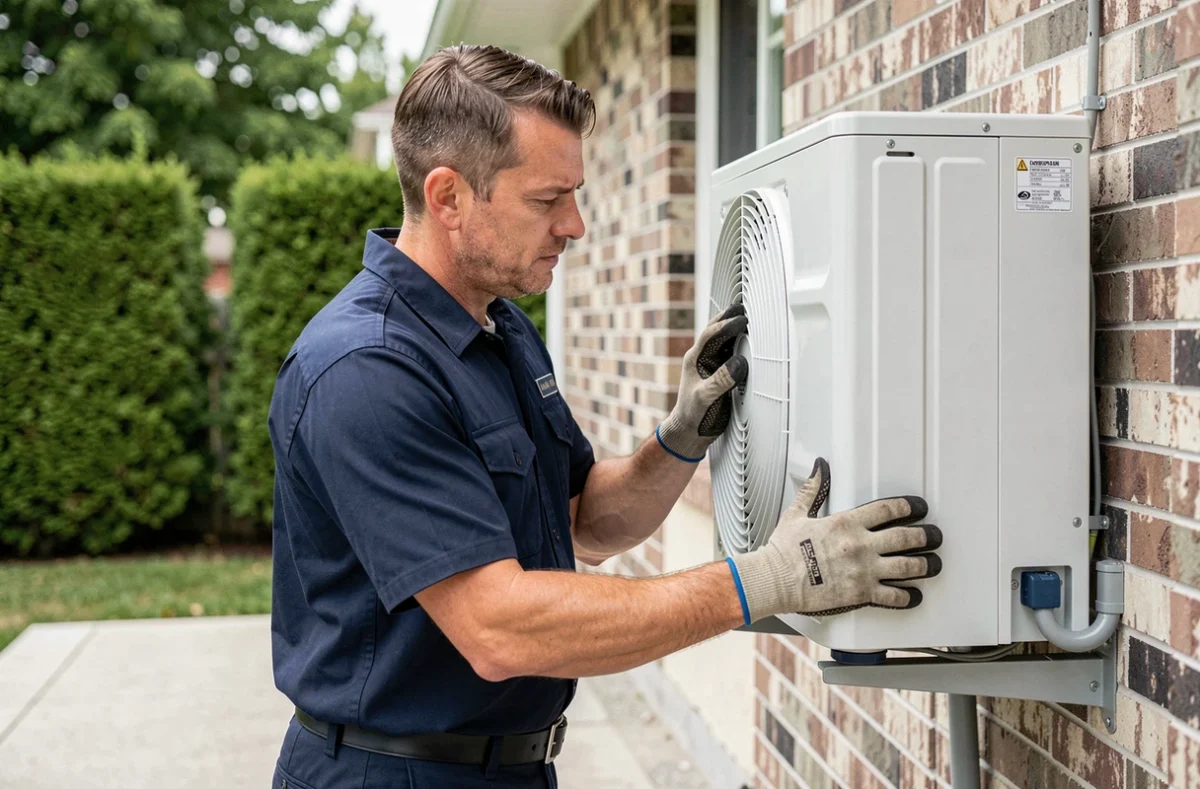 Technicien HVAC inspectant une pompe à chaleur Chappée installée sur la façade extérieure d'une maison individuelle