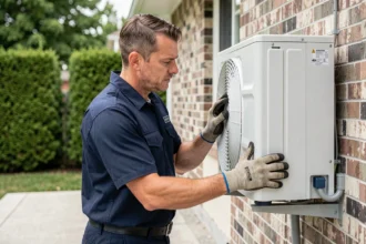 Technicien HVAC inspectant une pompe à chaleur Chappée installée sur la façade extérieure d'une maison individuelle