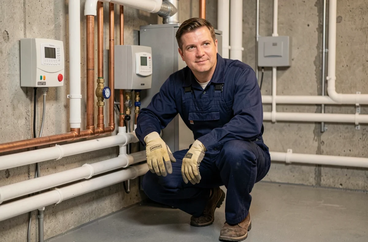 Technicien chauffagiste inspectant le circuit hydraulique intérieur d'une pompe à chaleur air-eau dans une salle technique