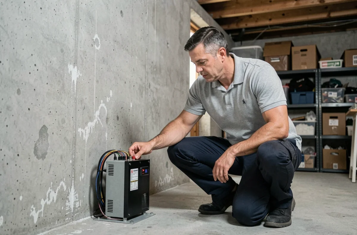 Technicien inspectant un inverseur de polarité électromagnétique installé dans un sous-sol après assèchement complet des murs humides