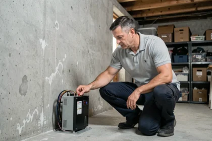 Technicien inspectant un inverseur de polarité électromagnétique installé dans un sous-sol après assèchement complet des murs humides