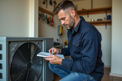 Technicien homme examinant une pompe à chaleur moderne dans un local