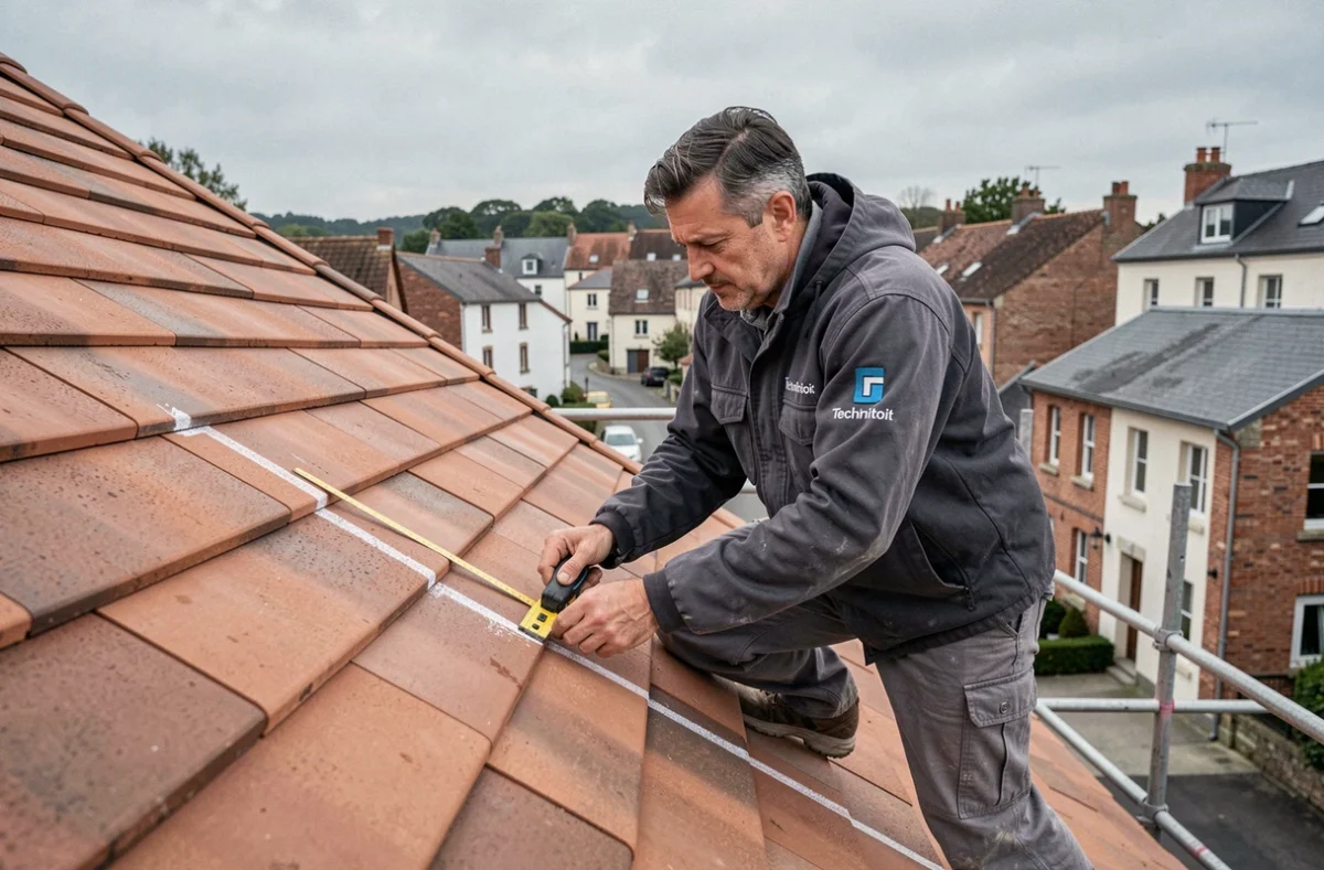 Technicien Technitoit mesurant l'emplacement des panneaux solaires sur un toit incliné dans une ville de l'Oise