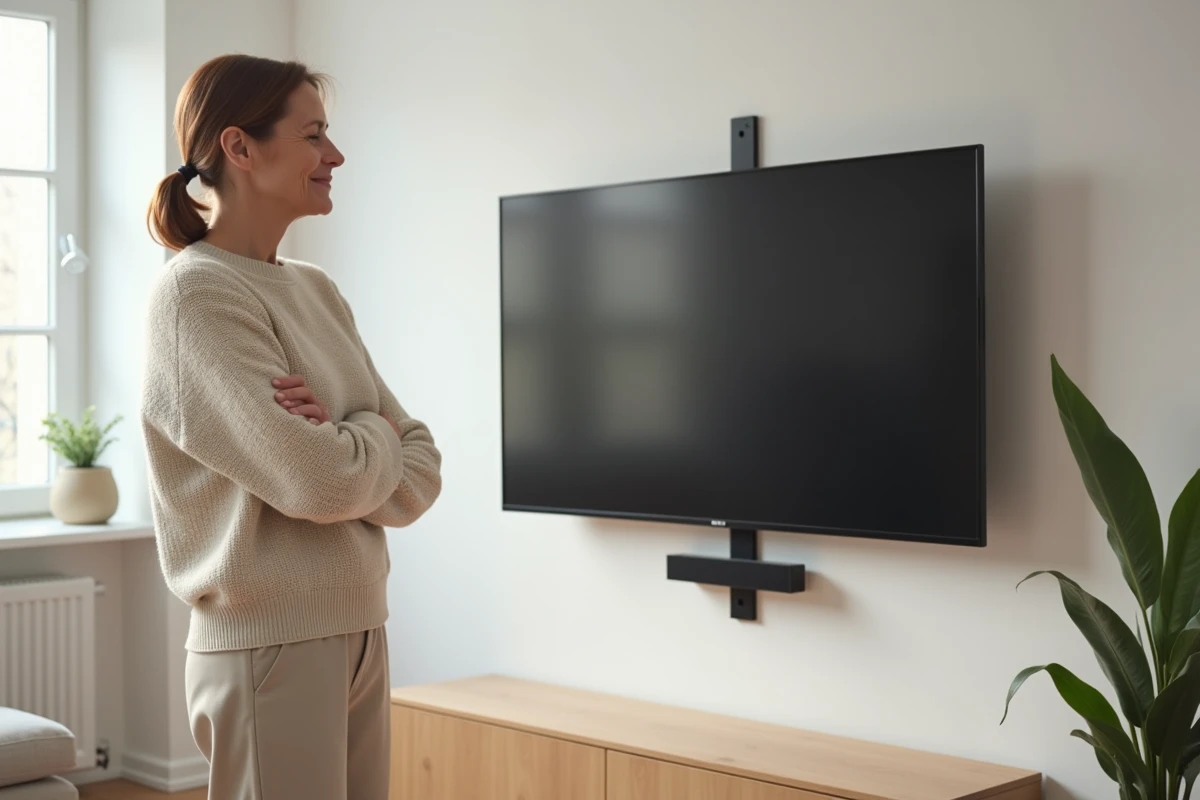 Télévision à écran plat fixée sur un mur en placo avec support mural robuste, femme inspectant le résultat de l'installation dans un salon moderne