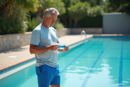 Homme d'âge moyen vérifiant un kit de test d'eau de piscine