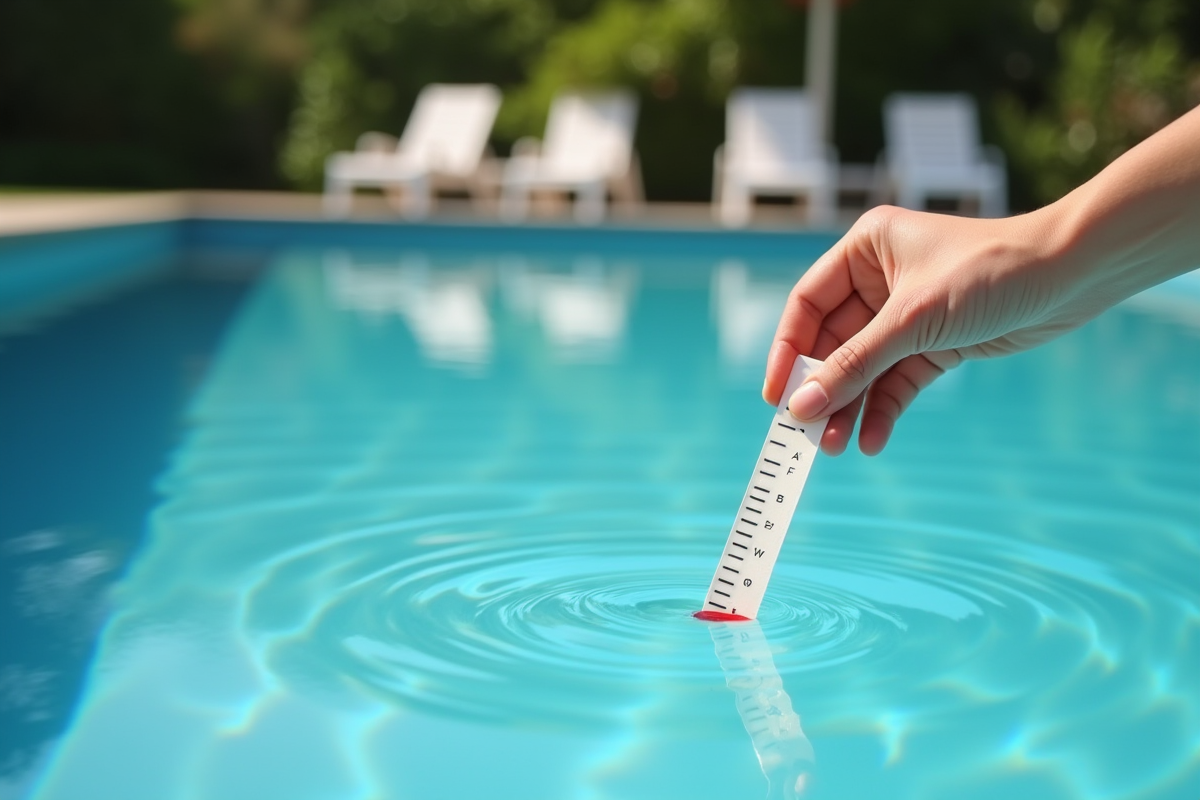 Main tenant des bandelettes de test près de la piscine salée