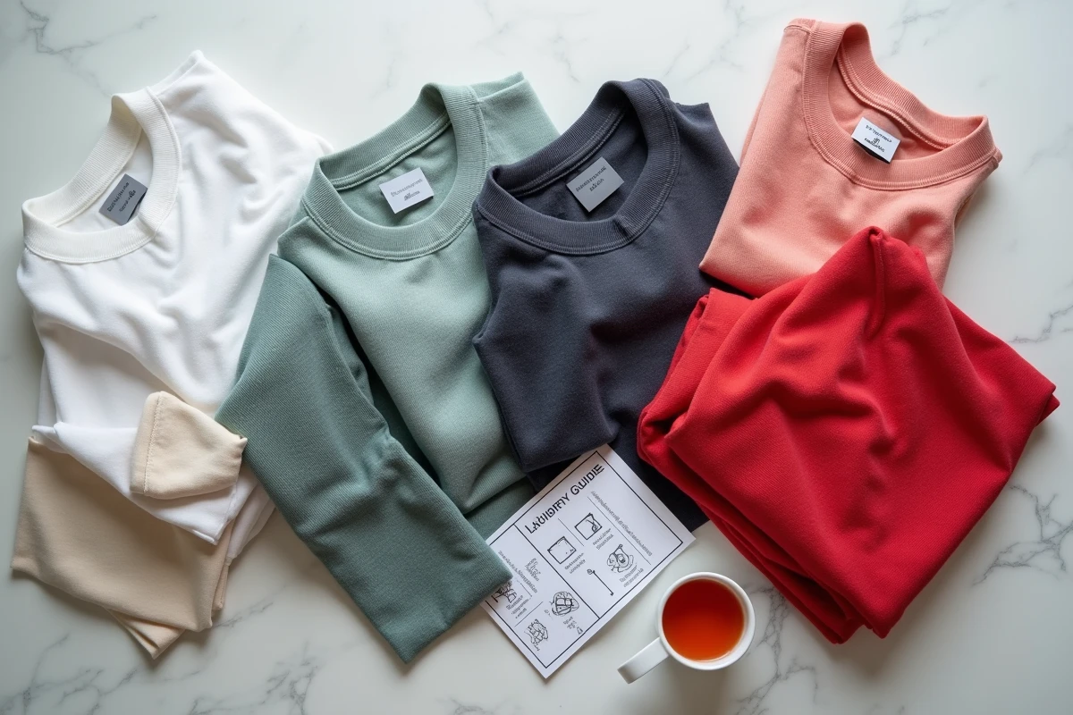 Tri du linge par couleur sur un plan de travail en marbre avec étiquettes de lavage visibles et doseur de lessive colorée