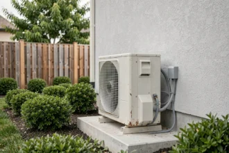 Unité extérieure de pompe à chaleur installée sur dalle béton en jardin résidentiel