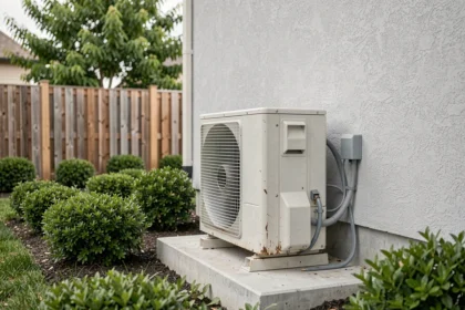 Unité extérieure de pompe à chaleur installée sur dalle béton en jardin résidentiel