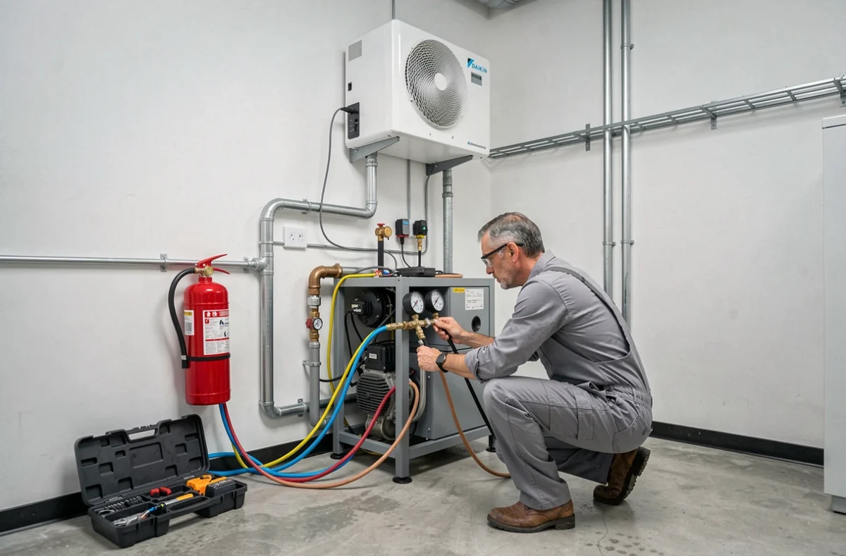 Technicien vérifiant la pression du fluide frigorigène d'une pompe à chaleur Daikin dans une chaufferie résidentielle