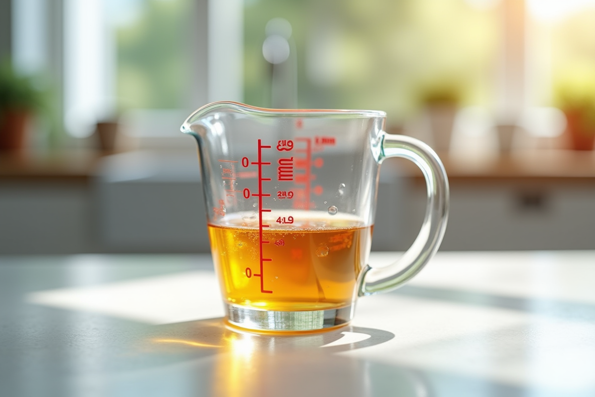 Verre mesureur rempli de liquide sur plan de cuisine lumineux