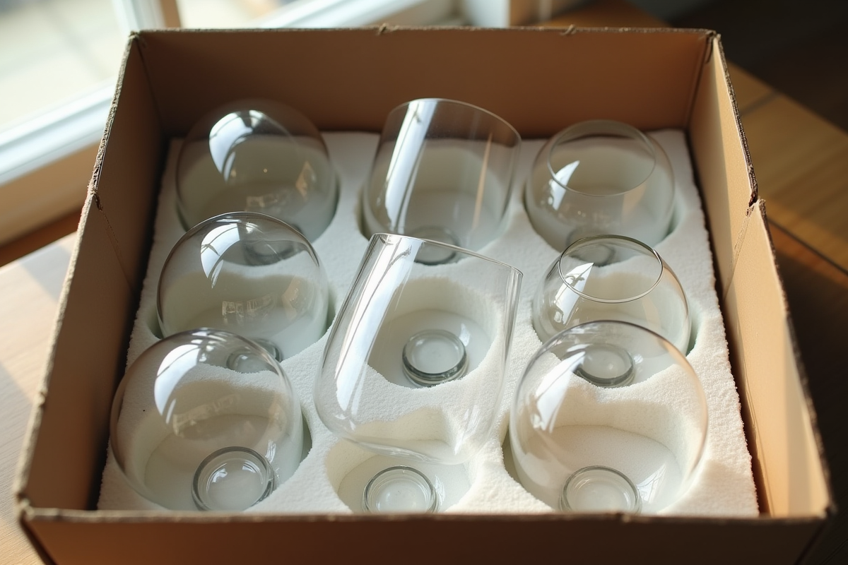 Verres fragiles rangés dans une boîte en carton avec protection